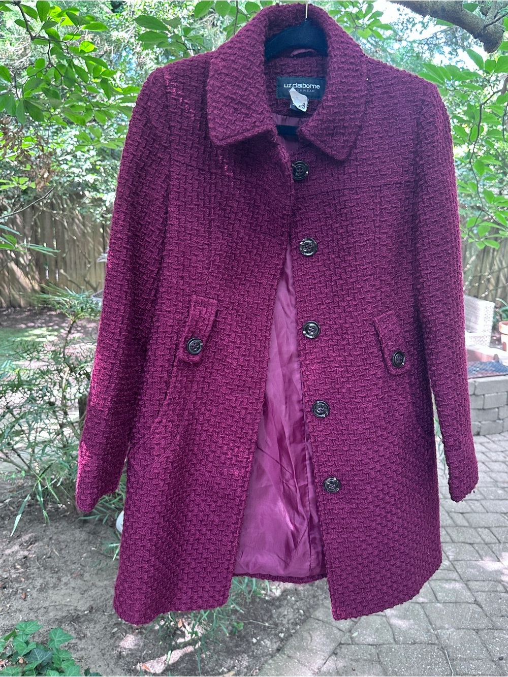 Liz Claiborne Plum Textured Wool-Blend Pea Coat